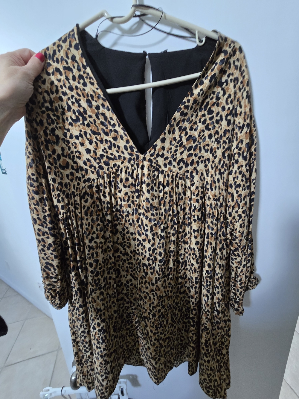 SHEIN Leopard Print V‑Neck Long Sleeve Dress - Tan Black